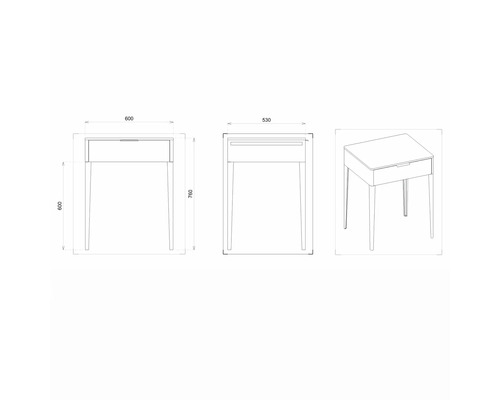 Technische Zeichnung eines Schreibtischs mit Schublade und Abmessungen.