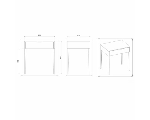 Technische Zeichnung eines Schreibtisches mit Maßangaben.