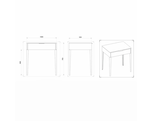 Dessin technique d''une table de chevet avec tiroir et dimensions