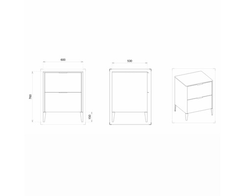 Zeichnung eines Waschtischunterschranks mit den Maßen 600 x 530 x 760 mm