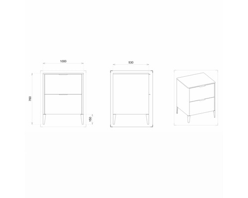 Zeichnung eines Badezimmer-Waschtischunterschranks mit zwei Schubladen und Maßangaben