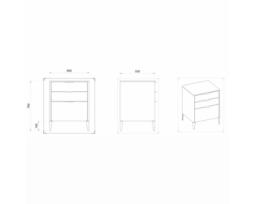 Zeichnung eines Waschtischunterschranks mit drei Schubladen und Maßangaben