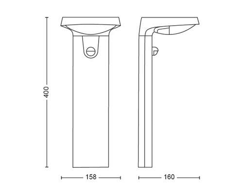 Technische Zeichnung einer Wegeleuchte mit Maßangaben