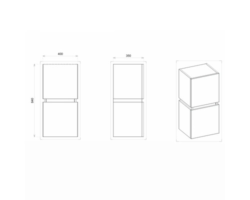 Dessin technique d''un meuble de salle de bain avec les dimensions 400 x 350 x 840 mm.