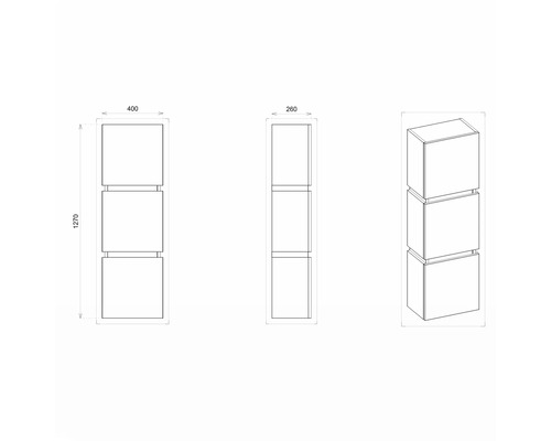 Schéma technique d''un meuble à trois compartiments, dimensions 400 x 260 x 1270 millimètres