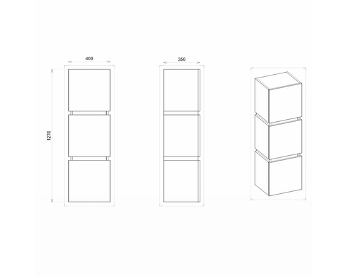 Schéma technique d''une étagère en trois parties avec dimensions
