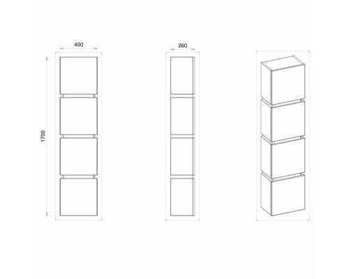 Dessin technique d''une étagère avec quatre compartiments carrés et indications de dimensions