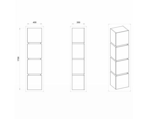 Dessin technique d''une étagère avec quatre compartiments carrés, dimensions indiquées