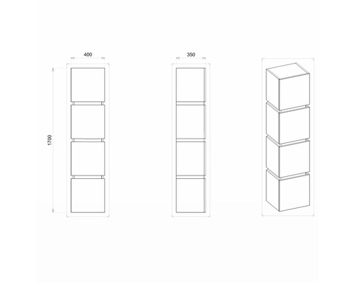 Schéma technique d''une étagère avec quatre compartiments carrés et indications de dimensions