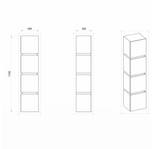 Technische Zeichnung eines Regals mit vier Fächern, Abmessungen: Höhe 1700 mm, Breite 400 mm, Tiefe 350 mm