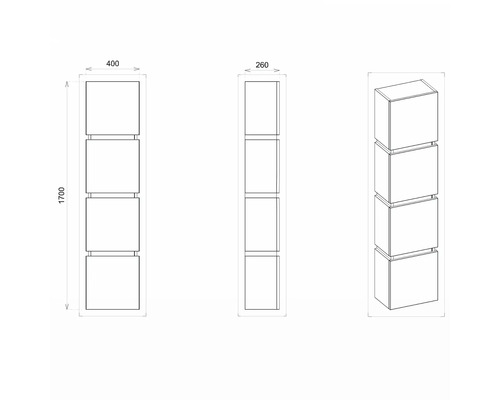 Schéma technique d''une étagère à quatre compartiments, vues de face, de côté et en perspective avec dimensions