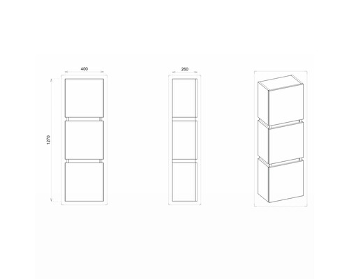Schéma technique d''un meuble suspendu avec trois compartiments et les dimensions 1270 x 400 x 260 millimètres.