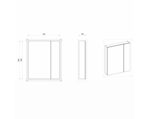 Dessin d''une armoire de toilette avec des dimensions de 700 x 835 x 150 millimètres