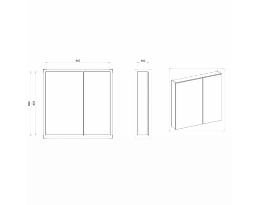 Dessin technique d''une armoire de toilette avec dimensions 850 x 835 x 150 millimètres
