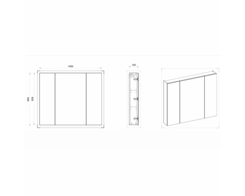 Dessin technique d''une armoire de toilette avec trois portes et indications de dimensions