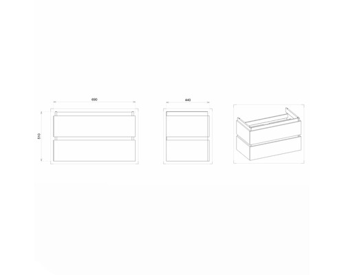 Schéma d''un meuble sous-lavabo avec deux tiroirs et indications de dimensions