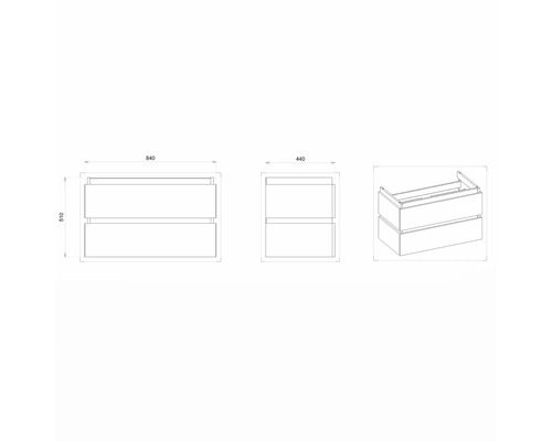 Dessin technique d''un meuble sous-lavabo avec deux tiroirs et indications de dimensions