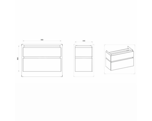 Schéma d''un meuble sous-lavabo avec dimensions.