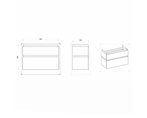 Dessin d''un meuble sous-lavabo avec deux tiroirs et dimensions