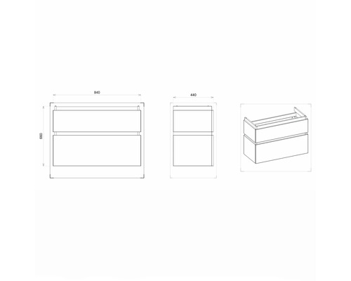 Dessin technique d''un meuble sous-vasque avec tiroirs et dimensions