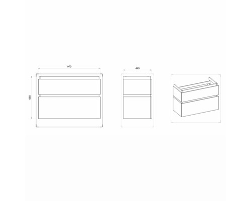 Schéma technique d''un meuble sous-lavabo avec deux tiroirs et les dimensions suivantes : largeur 970 mm, hauteur 600 mm et profondeur 440 mm.