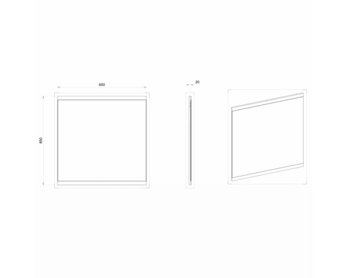 Technische Zeichnung eines rechteckigen Spiegels mit Maßangaben