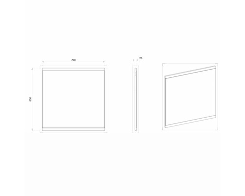 Dessin technique d''un miroir mesurant 700 x 850 millimètres.