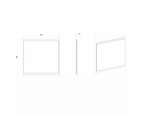 Technische Zeichnung eines quadratischen Spiegels mit den Maßen 850 x 850 x 20 mm.