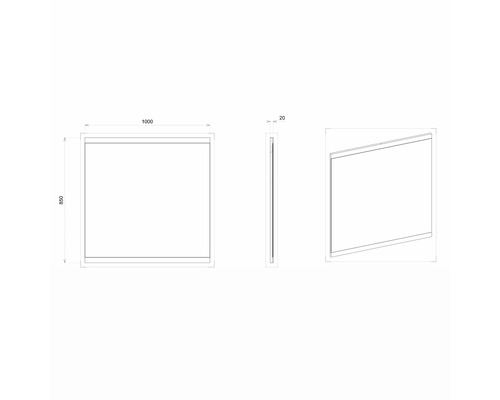 Technische Zeichnung eines Spiegels mit den Maßen 1000 x 850 x 20 mm.