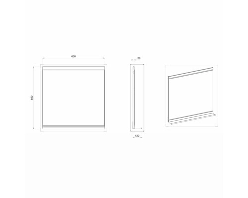 Technische Zeichnung eines Spiegelschranks mit den Massen 600 x 850 x 120 Millimeter.