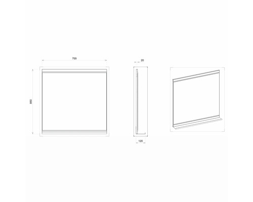 Technische Zeichnung eines Spiegels mit den Maßen 850 x 700 x 20 Millimeter.