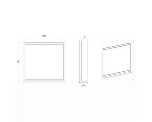Technische Zeichnung eines Spiegels mit Maßangaben