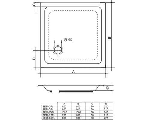 Technische Zeichnung einer Duschwanne mit Massangaben