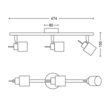 Schéma technique d''un plafonnier avec trois spots et indications de dimensions