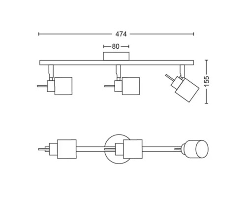 Schéma technique d''un plafonnier avec trois spots et indications de dimensions