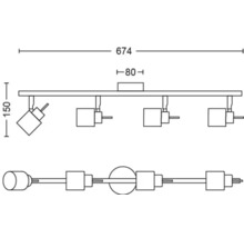 Schéma technique d''un plafonnier avec quatre spots et indications de dimensions