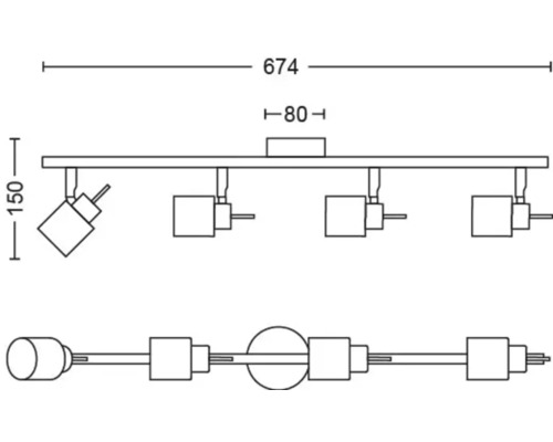 Schéma technique d''un plafonnier avec quatre spots et indications de dimensions