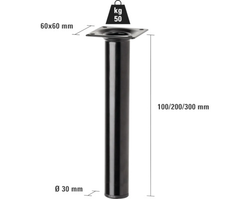 Pied de table en métal, diamètre 30 mm, plaque 60 x 60 mm et capacité de charge 50 kilogrammes