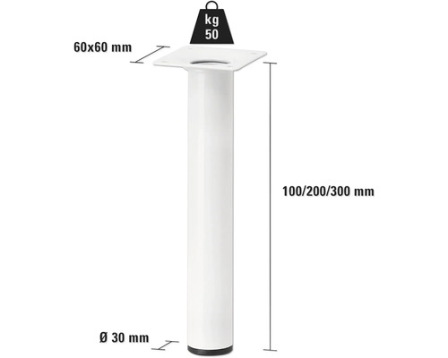 Weisses Möbelfuss mit den Massen 60 x 60 mm, Durchmesser 30 mm und Höhe 100, 200 oder 300 mm, Tragkraft 50 kg.