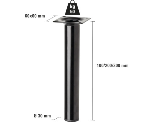 Pied de table en métal, diamètre 30 millimètres, capacité de charge 50 kilogrammes