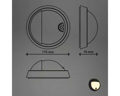 Technische Zeichnung einer runden Wandleuchte mit den Maßen 170 mal 70 Millimeter