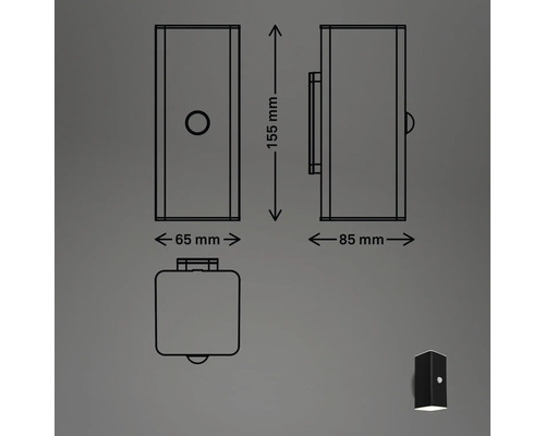 Technische Zeichnung einer Wandleuchte mit den Maßen 155 Millimeter Höhe, 65 Millimeter Breite und 85 Millimeter Tiefe