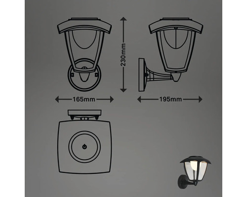 Technische Zeichnung einer Wandleuchte mit Massangaben.