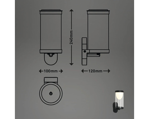 Technische Zeichnung einer Wandleuchte mit Maßangaben