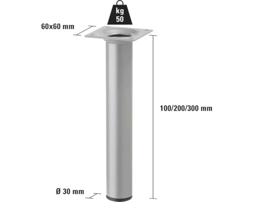 Möbelfuß aus Metall, 100/200/300 mm hoch, Durchmesser 30 mm, Belastbarkeit 50 kg