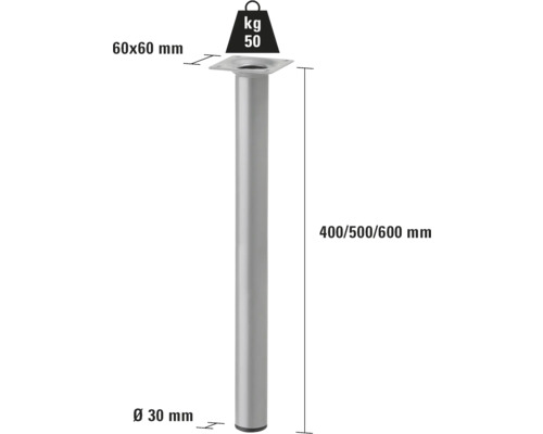 Pied de meuble mesurant 60 x 60 mm, diamètre de 30 mm, hauteur de 400/500/600 mm et supportant une charge de 50 kilogrammes
