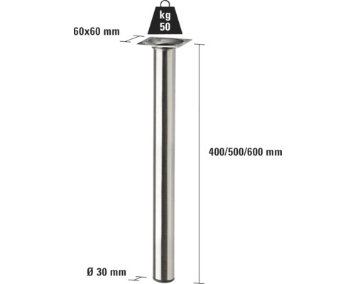 Tischbein aus Metall mit einer Traglast von 50 Kilogramm und den Maßen 60 x 60 Millimeter, 30 Millimeter Durchmesser sowie einer Höhe von 400, 500 oder 600 Millimetern