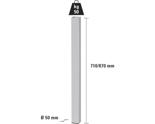 Metallpfosten mit den Maßen 710/870 mm und einem Durchmesser von 50 mm mit einer maximalen Belastbarkeit von 50 kg