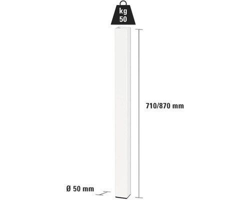 Produktgewichtssymbol 50 Kilogramm, Pfosten mit Durchmesser 50 Millimeter und Höhe 710 bis 870 Millimeter
