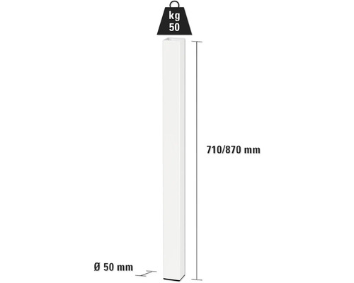 Technische Zeichnung einer Standsäule mit den Maßen 710/870 Millimeter Höhe und 50 Millimeter Durchmesser sowie dem Hinweis auf 50 Kilogramm Gewicht.